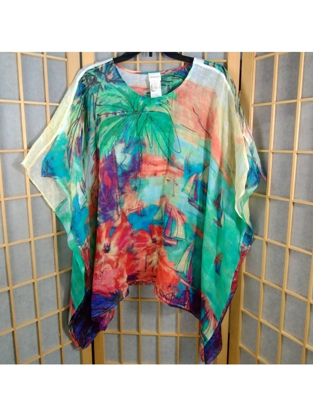 Chico's Tropical Sailboat Linen Poncho Top - Green Multi